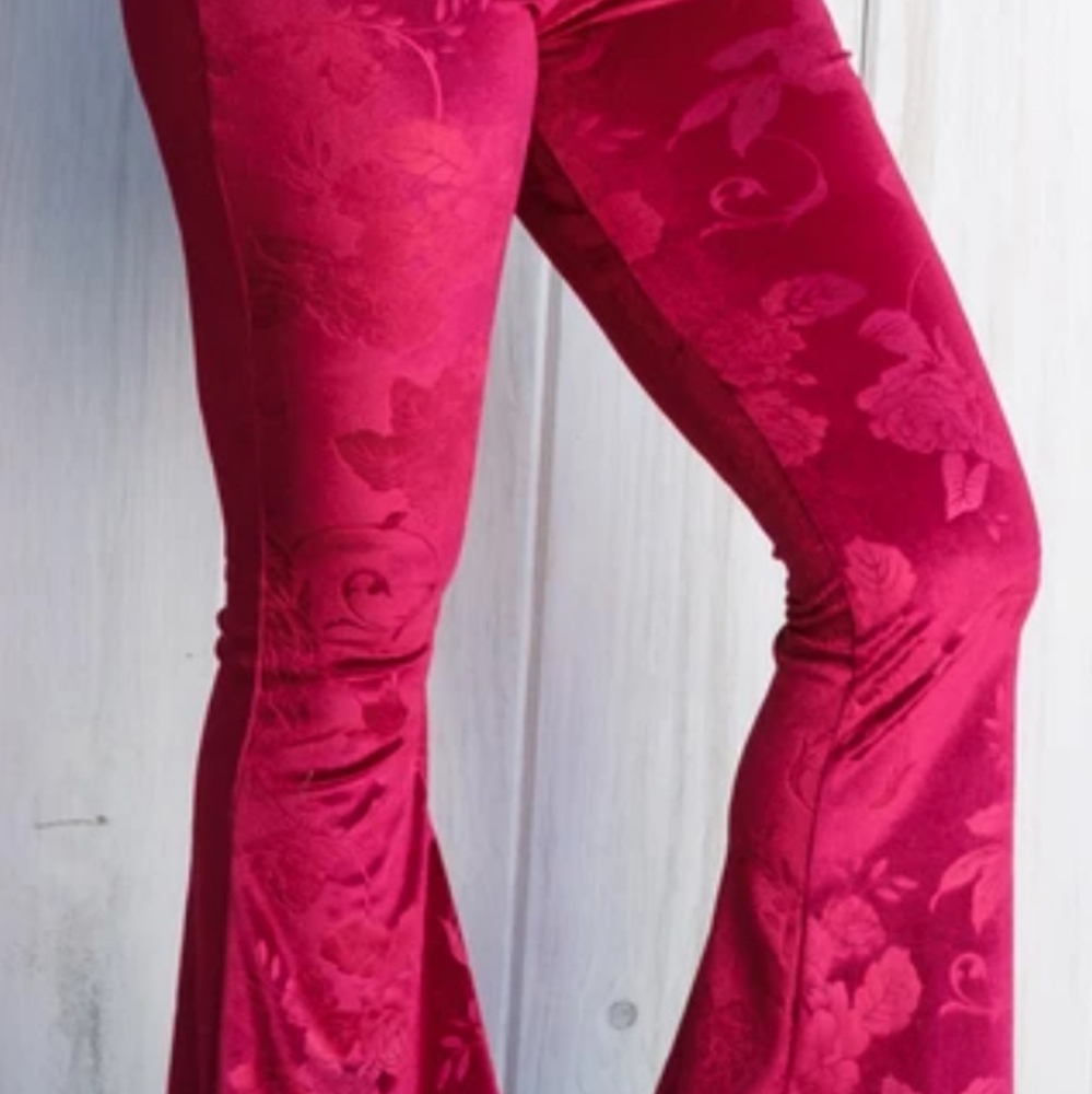 Gorgeous red floral embossed velvet flare pants